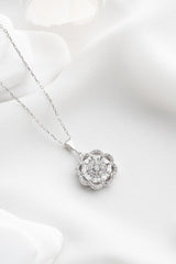 NRZ | 925K Sterling Silver Rhodium Plated Baguette Stone Flower Design Necklace