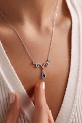 NRZ | 925K Sterling Silver Rhodium Plated Blue Stone Necklace with Authentic Motifs