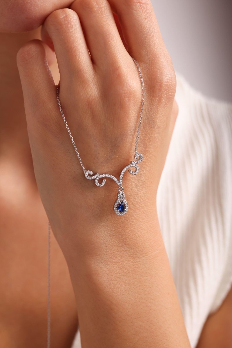 NRZ | 925K Sterling Silver Rhodium Plated Blue Stone Necklace with Authentic Motifs