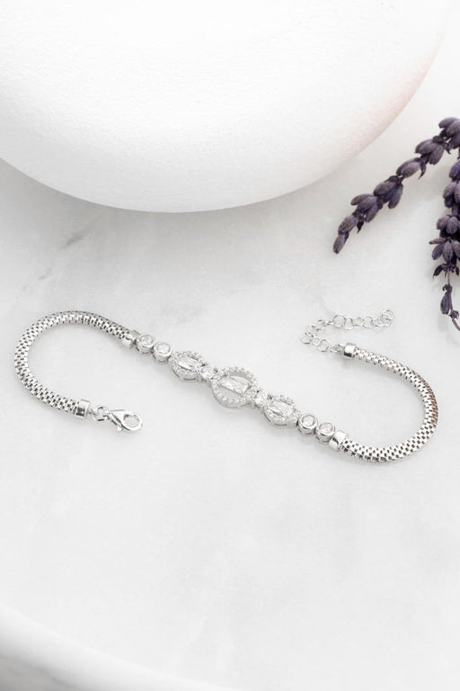 NRZ | 925K Sterling Silver Rhodium Plated Herringbone Chain Bracelet with Inline Baguette Stones