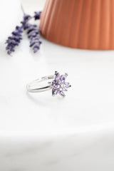 NRZ | 925K Sterling Silver Rhodium Purple Stone Lotus Flower Adjustable Size Ring