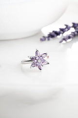 NRZ | 925K Sterling Silver Rhodium Purple Stone Lotus Flower Adjustable Size Ring