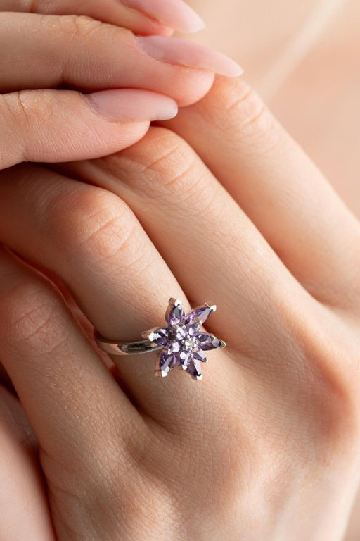 NRZ | 925K Sterling Silver Rhodium Purple Stone Lotus Flower Adjustable Size Ring