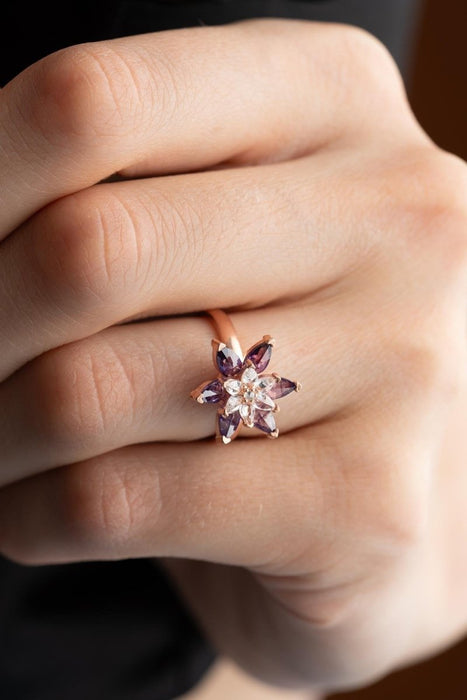 NRZ | 925K Sterling Silver Rose Color Purple and White Stone Lotus Flower Adjustable Size Ring