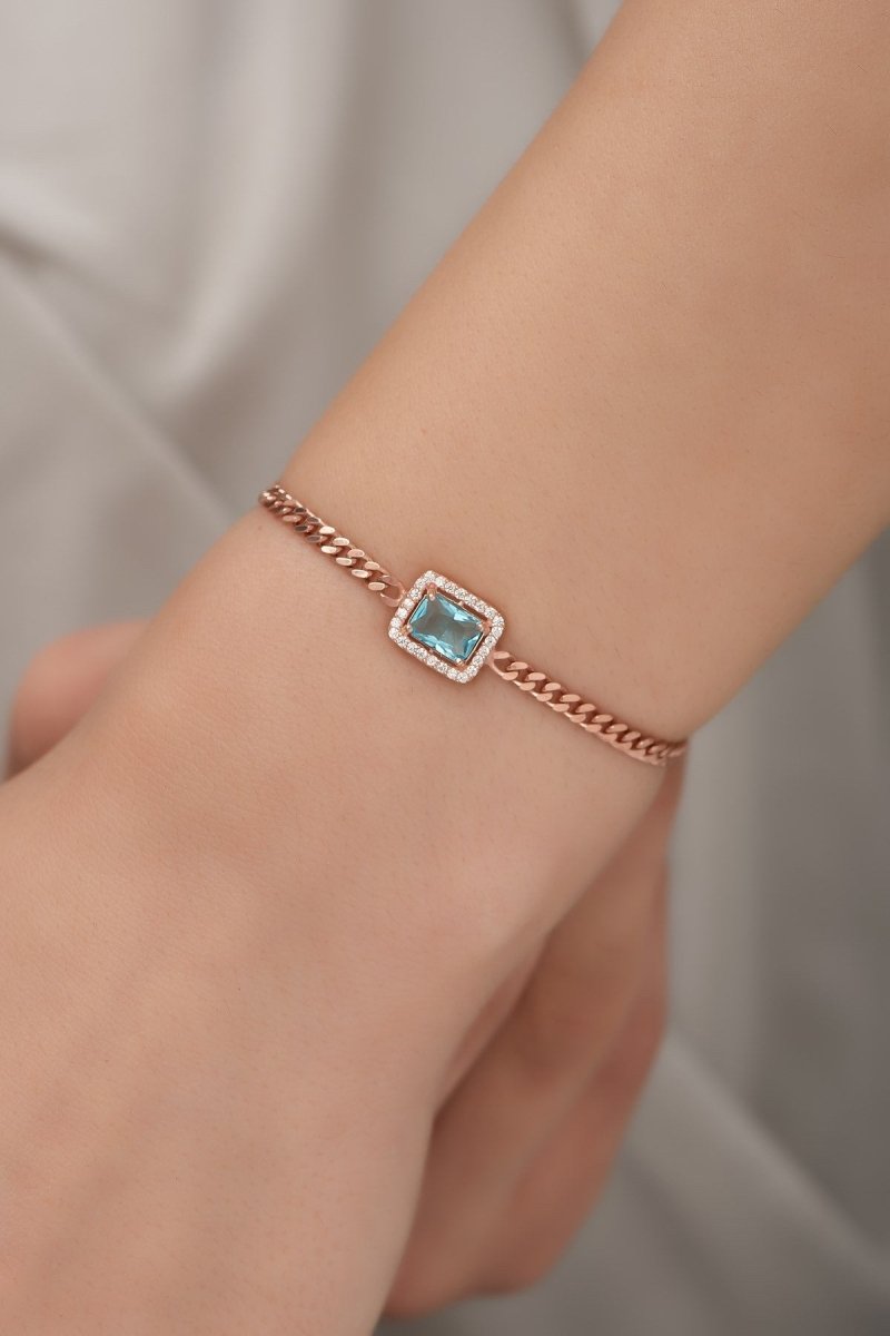 Nereze | Rose Gourmet Chain Aquamarine Single Stone Bracelet