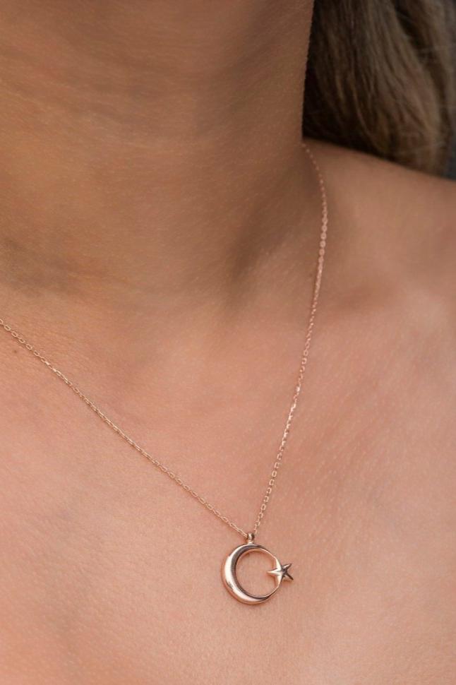 NRZ | 925K Sterling Silver Rose Plain Crescent Necklace