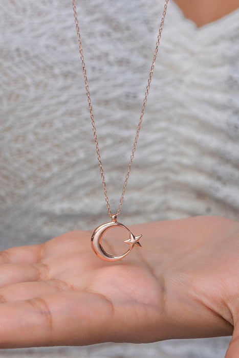 NRZ | 925K Sterling Silver Rose Plain Crescent Necklace