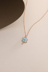 NRZ | 925K Sterling Silver Rose Plated 4 Leaves Blue Stone Clover Necklace