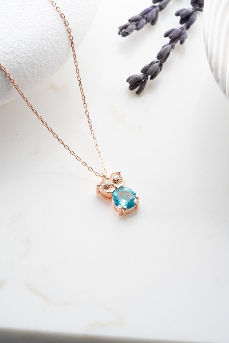 NRZ | 925K Sterling Silver Rose Plated Owl Necklace with Aquamarine Stone