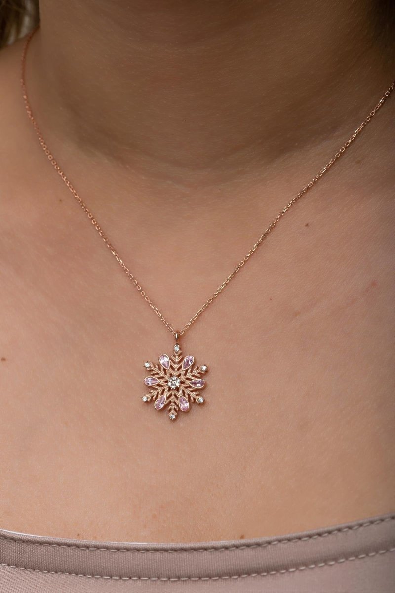 NRZ | 925K Sterling Silver Rose Plated Snowflake Necklace with Pink Stone