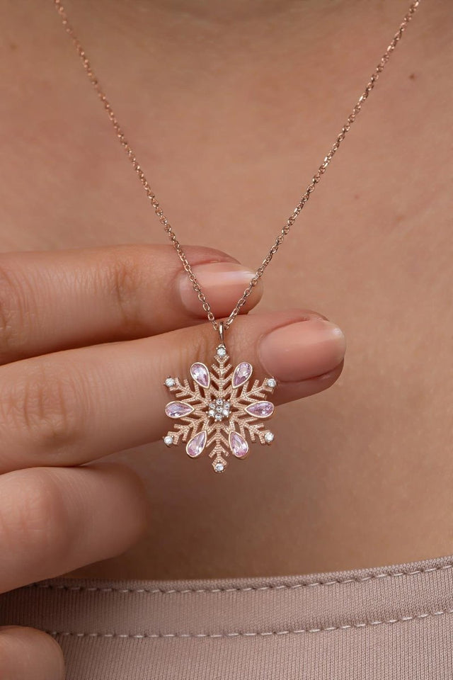 NRZ | 925K Sterling Silver Rose Plated Snowflake Necklace with Pink Stone