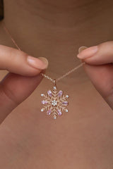 NRZ | 925K Sterling Silver Rose Plated Snowflake Necklace with Pink Stone