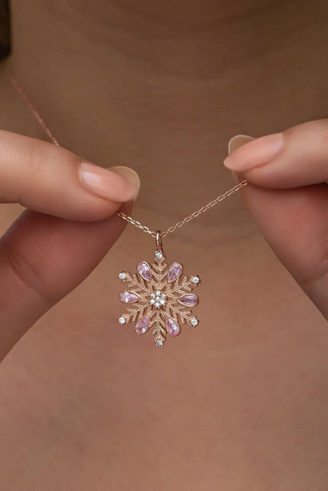 NRZ | 925K Sterling Silver Rose Plated Snowflake Necklace with Pink Stone