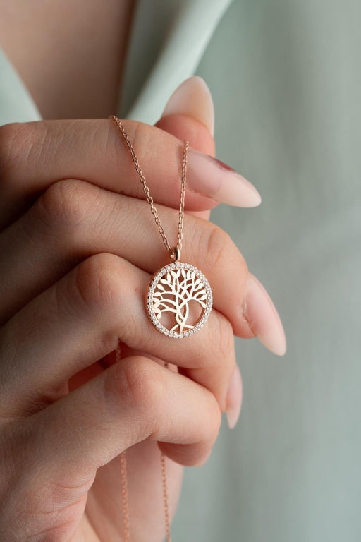 NRZ | 925K Sterling Silver Rose Plated Tree of Life Necklace