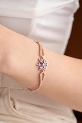 NRZ | 925K Sterling Silver Rose Purple Zircon Stone Flower Cuff Model Bracelet