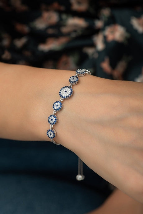 NRZ | 925K Sterling Silver Row Nazar Evil Eye Silver Bracelet with Adjustable Lock