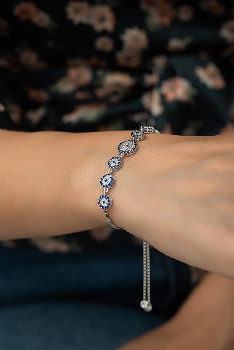 NRZ | 925K Sterling Silver Row Nazar Evil Eye Silver Bracelet with Adjustable Lock