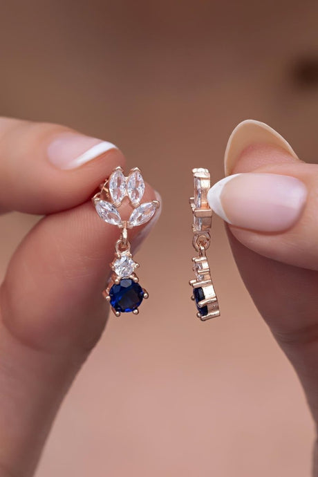 NRZ | 925K Sterling Silver Shuttle Zirconia Stone with Dangling Blue Solitaire Earrings