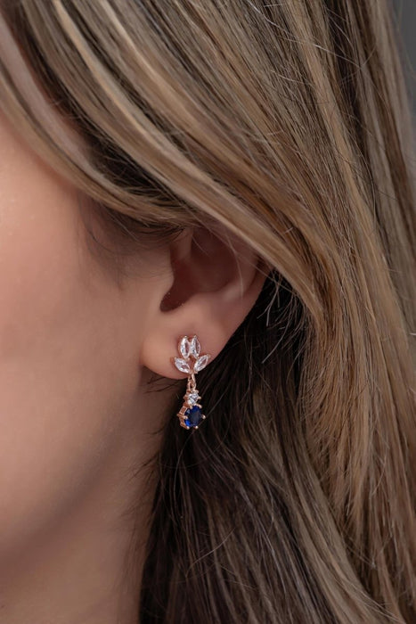 NRZ | 925K Sterling Silver Shuttle Zirconia Stone with Dangling Blue Solitaire Earrings