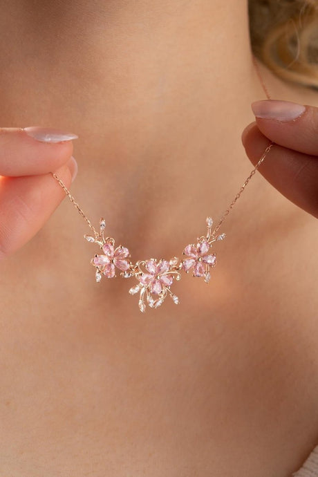 NRZ | 925K Sterling Silver Sparkling Model Pink Stone 3 - Piece Flower Necklace