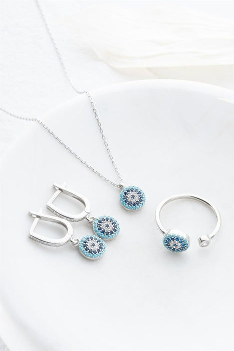 NRZ | 925K Sterling Silver Tiny Nazar Evil Eye Model Earrings, Ring and Necklace Set