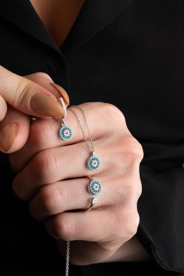 NRZ | 925K Sterling Silver Tiny Nazar Evil Eye Model Earrings, Ring and Necklace Set