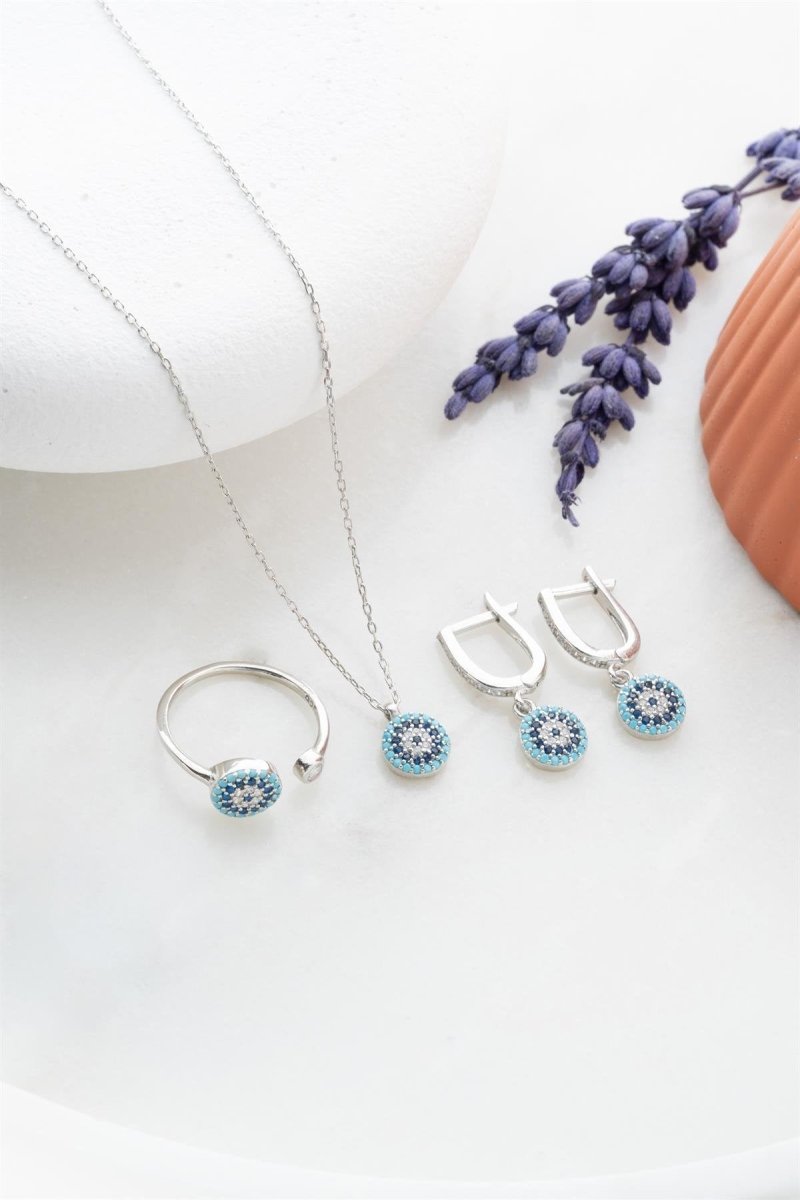 NRZ | 925K Sterling Silver Tiny Nazar Evil Eye Model Earrings Ring, Necklace and Adjustable Size Ring Set