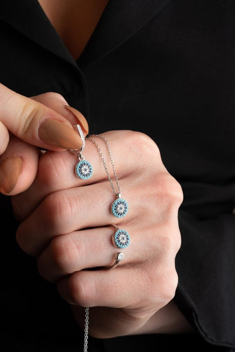 NRZ | 925K Sterling Silver Tiny Nazar Evil Eye Model Earrings Ring, Necklace and Adjustable Size Ring Set