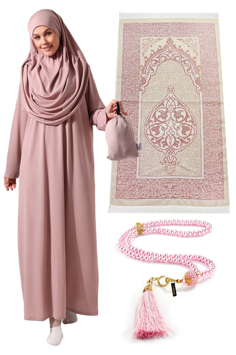 Rose Pink Prayer Set - Prayer Dress, Mat & Prayer Beads |TryAladdin Rose Pink Prayer Set - Prayer Dress, Mat & Prayer Beads |TryAladdin