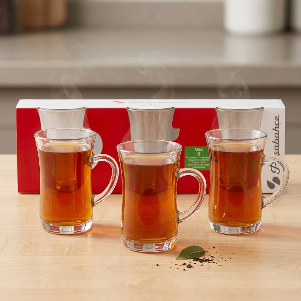 Premium Pasabahce Mila Teeglas Set mit Griff - 145ml 3er-Pack