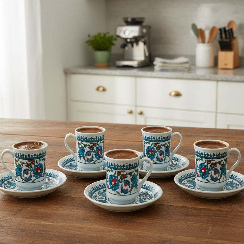 Acar | Tyrkisk Kaffesæt med Seks - Porcelæn - Topkapi - Hvid