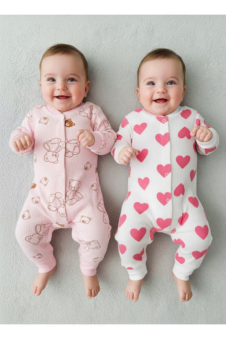 Organic Cotton Baby Girl Romper - Pink Heart Bear Design, 2 - Pack (1 - 6 Months) - TryAladdin