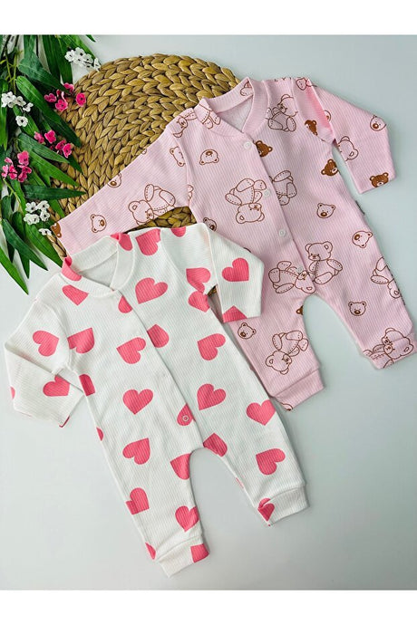 Organic Cotton Baby Girl Romper - Pink Heart Bear Design, 2 - Pack (1 - 6 Months) - TryAladdin