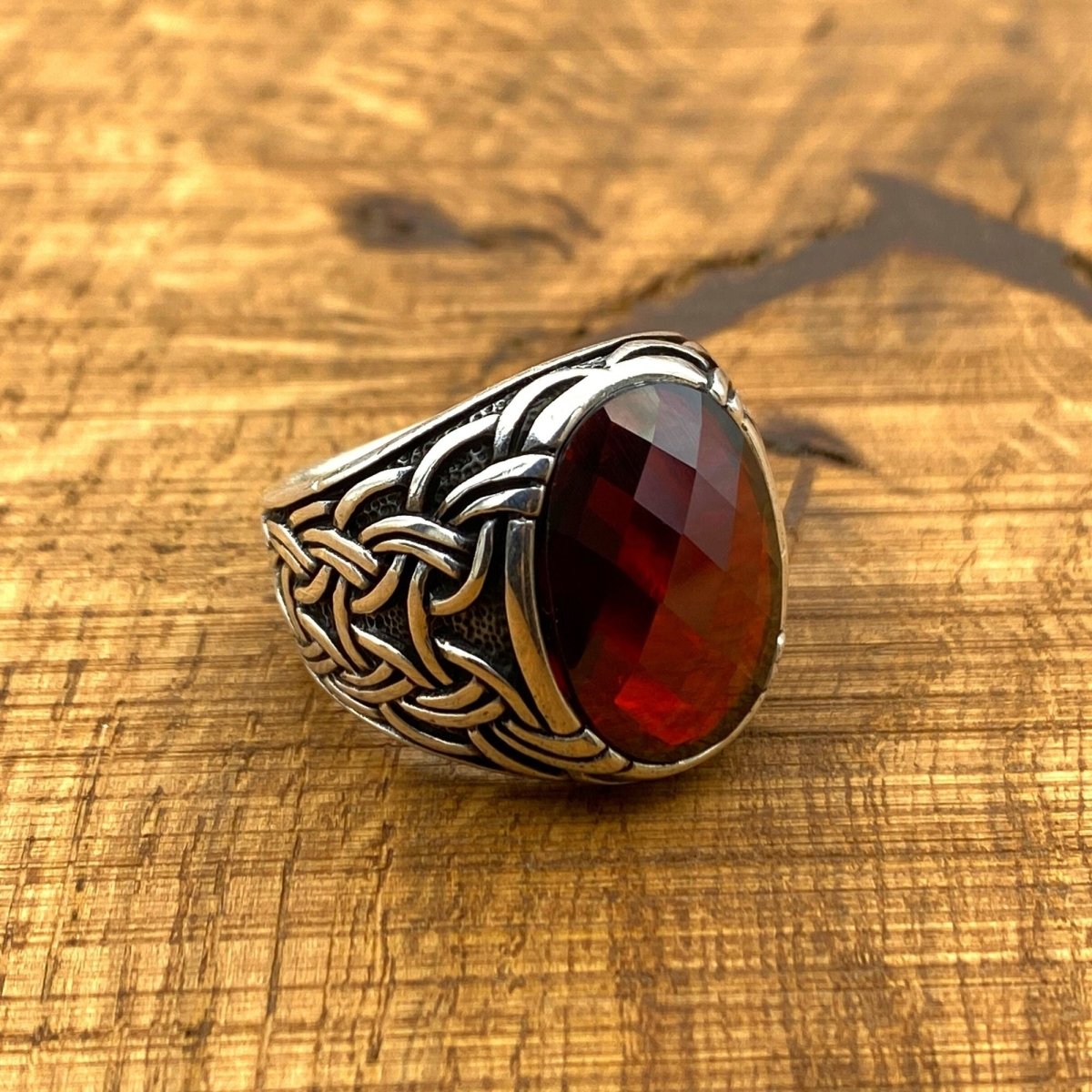 Oval Red Zircon Ottoman Silver Ring