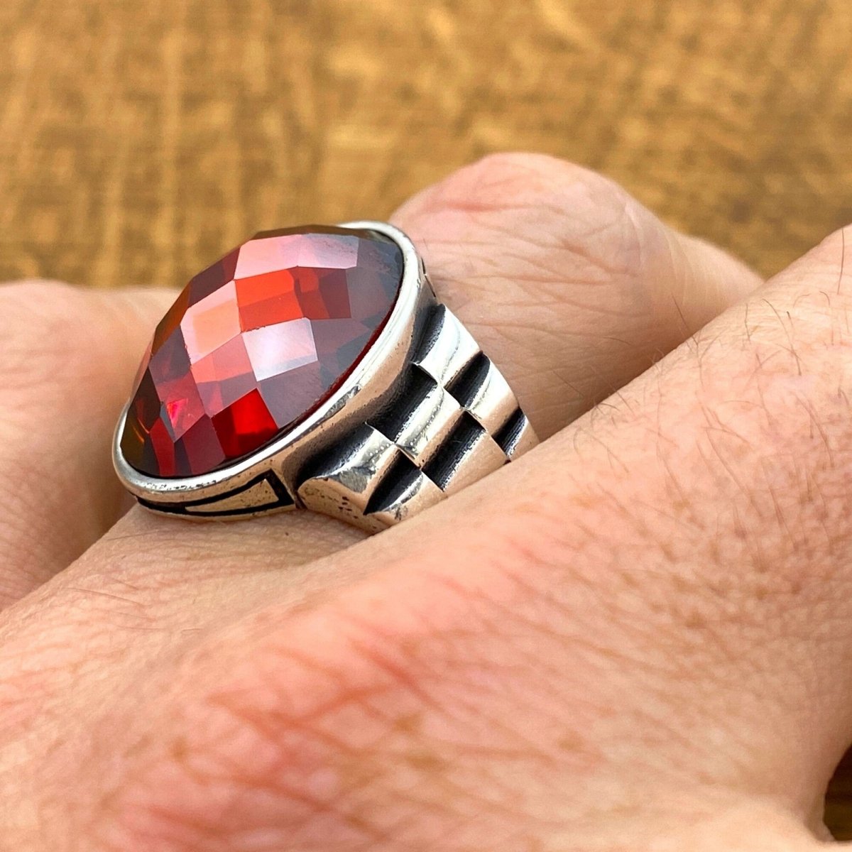 Oval Red Zircon Ottoman Style Ring