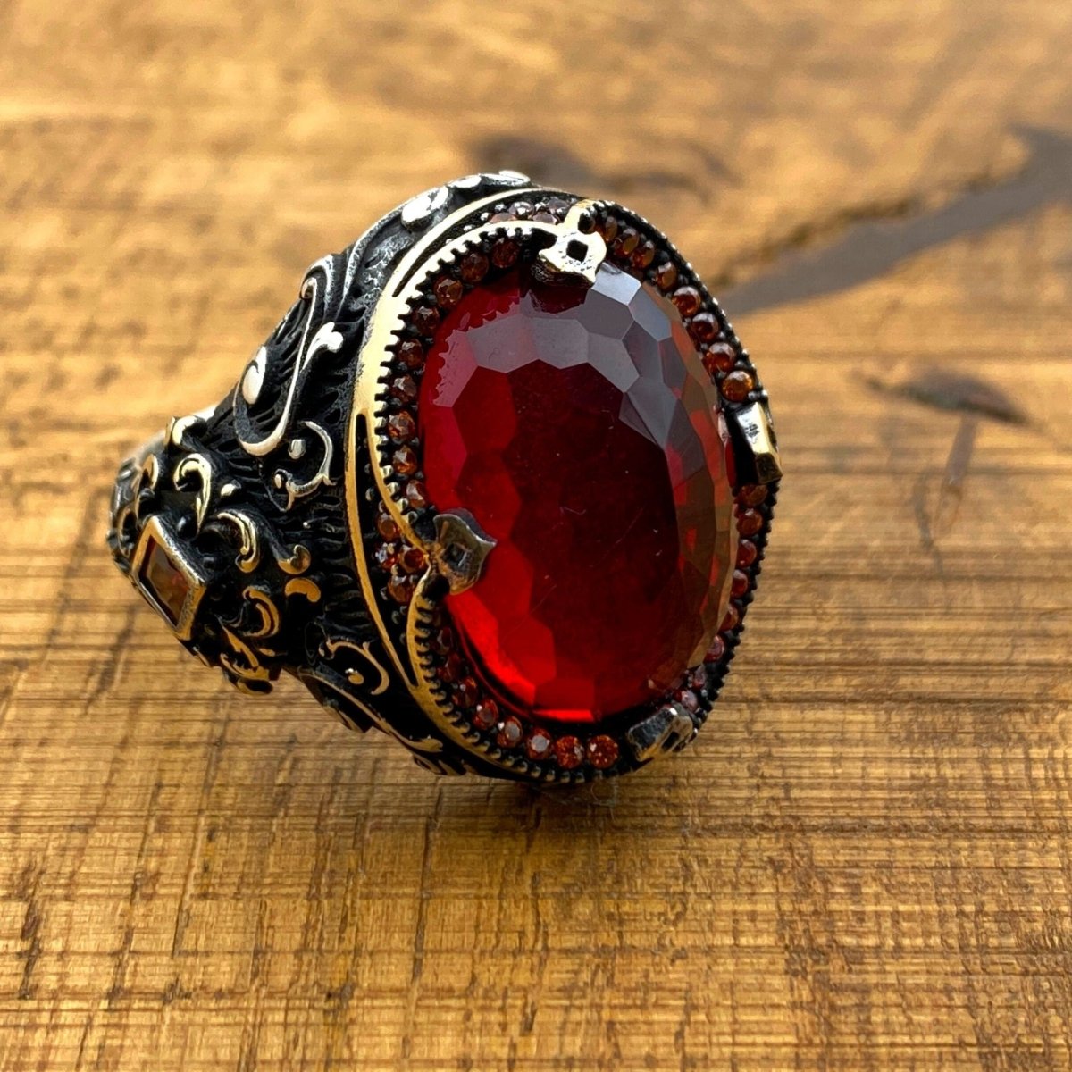 Oval Red Zircon Ottoman Style Ring