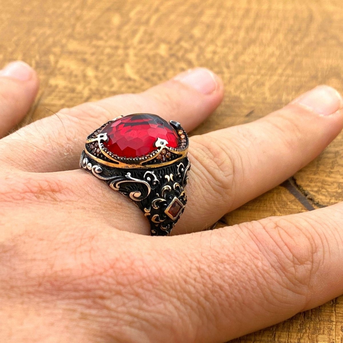 Oval Red Zircon Ottoman Style Ring