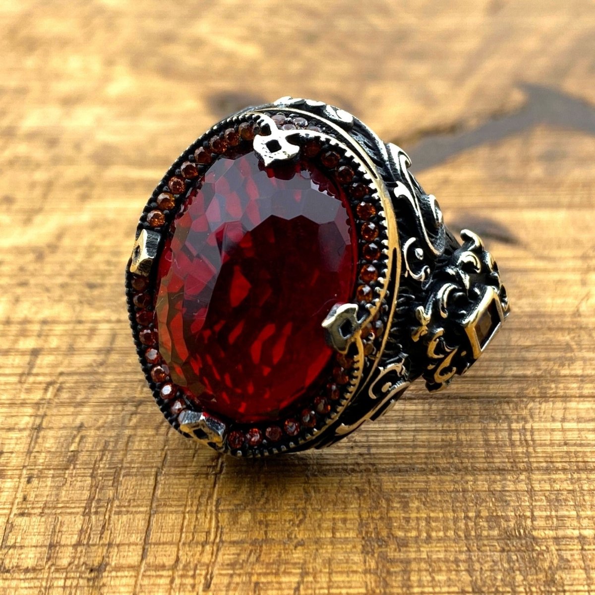 Oval Red Zircon Ottoman Style Ring