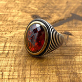 Oval Zircon Red Stone Handmade Silver Men's Ring