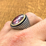 Oval Zircon Red Stone Handmade Silver Men's Ring