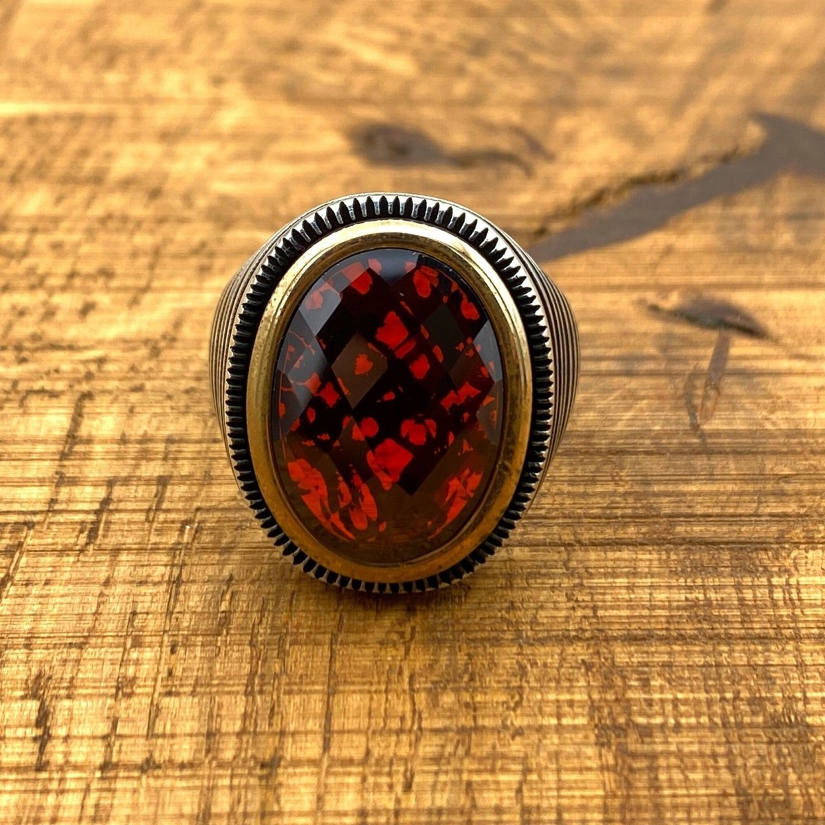 Oval Zircon Red Stone Handmade Silver Men's Ring