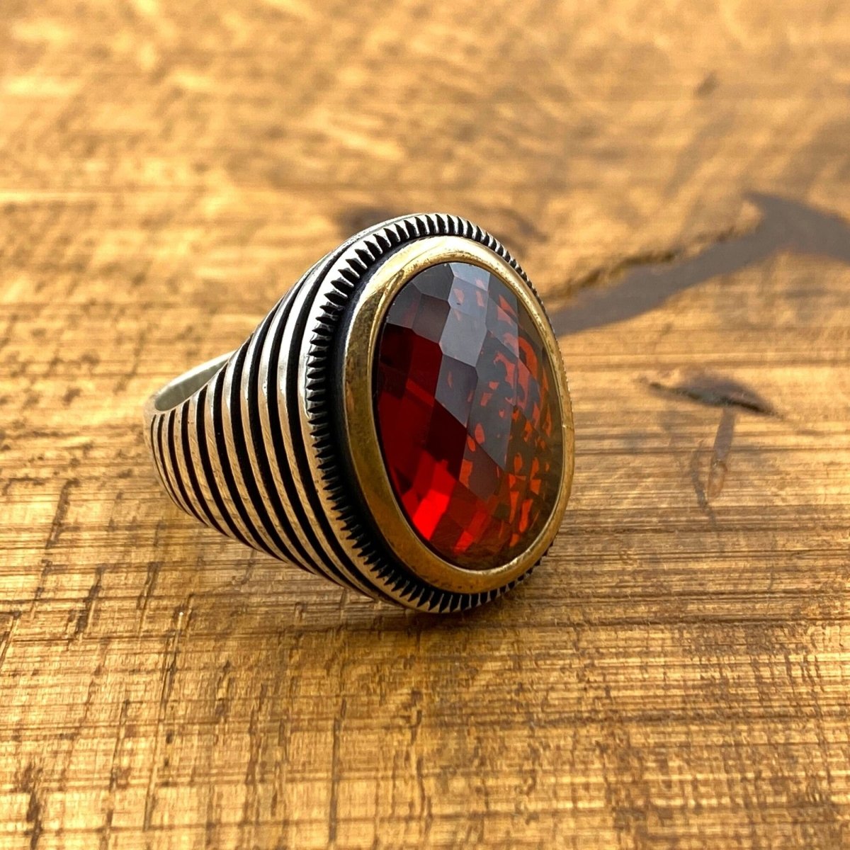 Oval Zircon Red Stone Handmade Silver Men's Ring