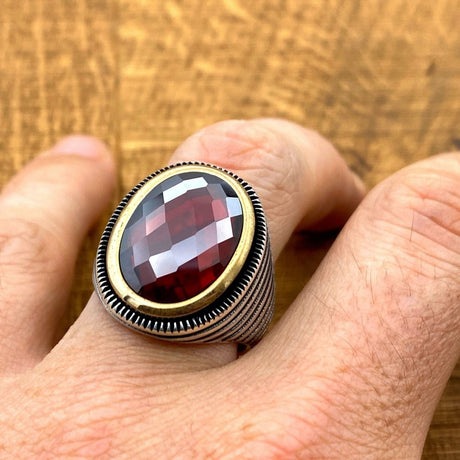 Oval Zircon Red Stone Handmade Silver Men's Ring