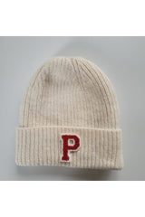 P Letter Ecru Wool Beanie - Warm & cozy Mohair Blend - TryAladdin