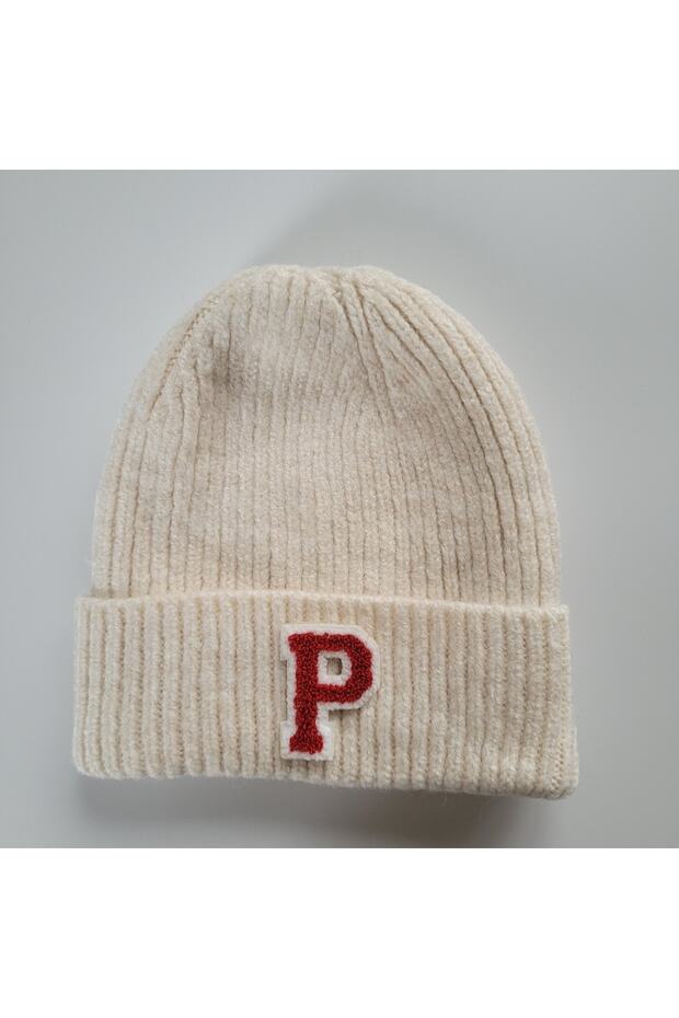 P Letter Ecru Wool Beanie - Warm & cozy Mohair Blend - TryAladdin