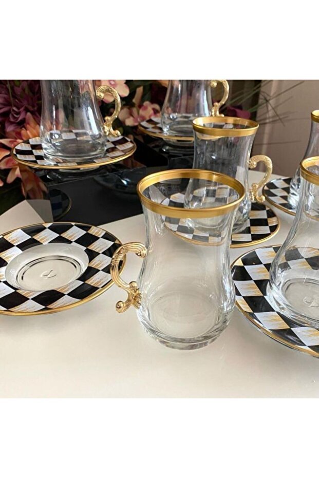 Panayir Premium Hand - Decorated Turkish Tea Glass Set with Handles - 12 - Piece - TryAladdin