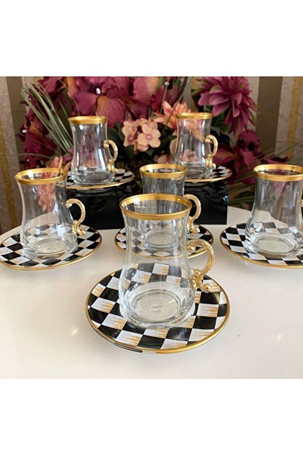 Panayir Premium Hand - Decorated Turkish Tea Glass Set with Handles - 12 - Piece - TryAladdin