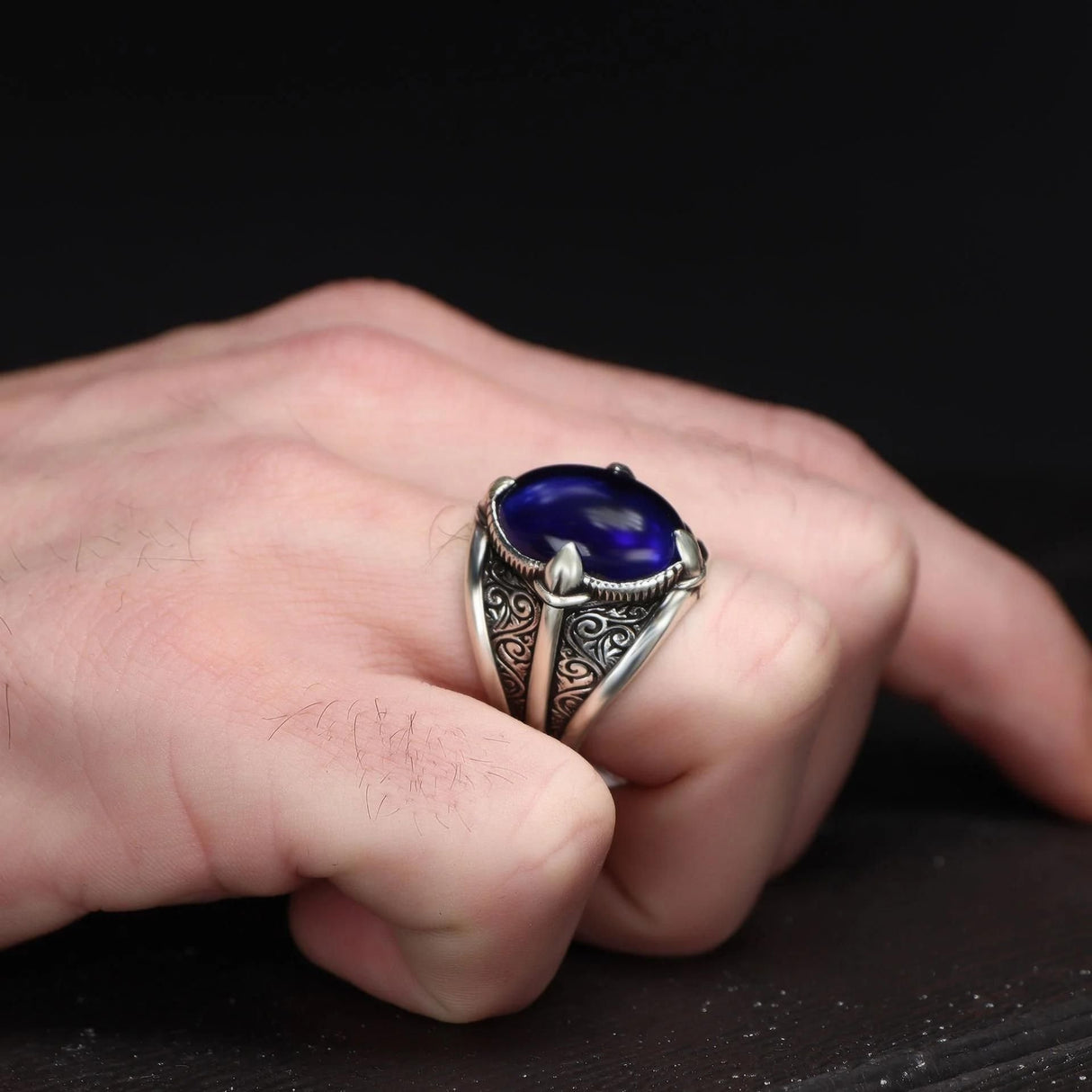 Tesbihevim | Men's Silver Ring with Parliament Blue Stones