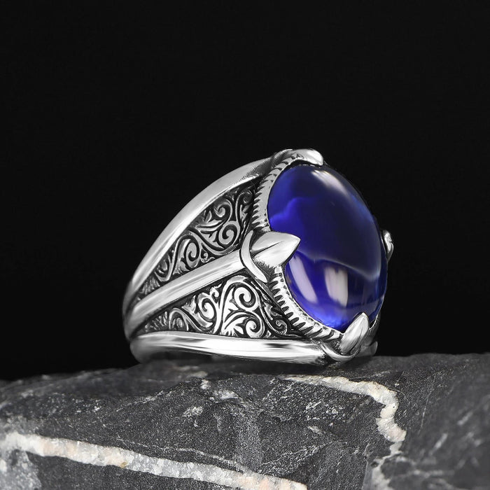 Tesbihevim | Men's Silver Ring with Parliament Blue Stones