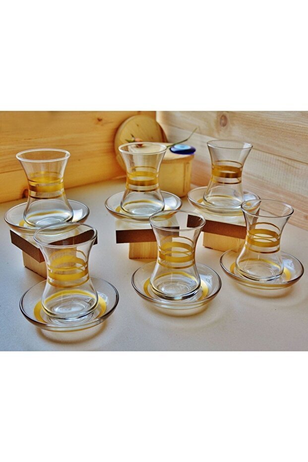 Pasabahce Eleven Dekor Gilded Thin - Waisted Turkish Tea Set - 12 - Piece Set - TryAladdin